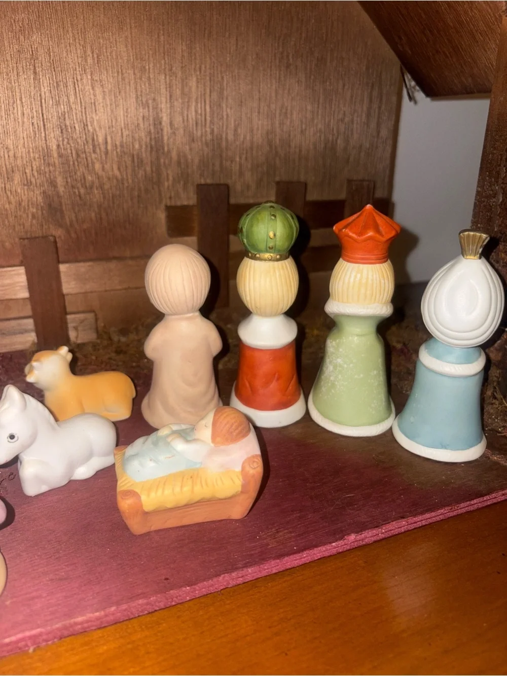 Vintage Christmas Wooden Nativity Set with Pastel Porcelain Figurines